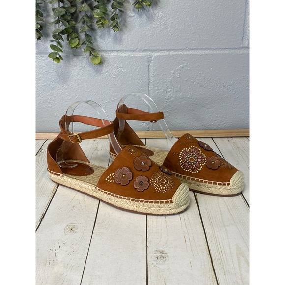 Coach Shoes - Coach G2054 Suede Tea Rose Floral Studded Espadrille Ankle Strap Flats Brown 9B